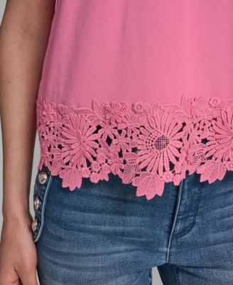 Women's Crew Neck Short-Sleeve Floral Crochet-Trim Top
