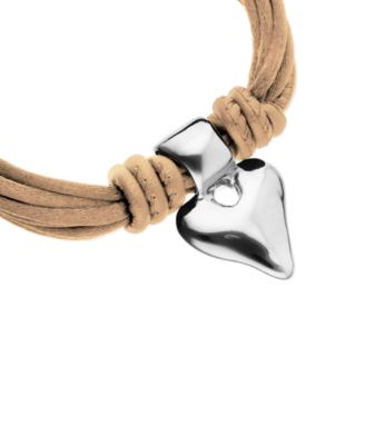 Bracelet with Mix of Silk Effect And Leather Beige Thread And Sterling Silver Heart Detail