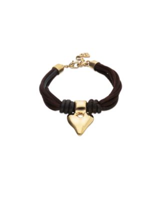 Bracelet with Mix of Silk Effect And Leather Beige Thread And 18K Gold Heart Detail