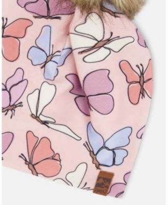 Girl Stretch Jersey Hat Pink Printed Butterflies with Pompom