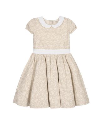 Little and Big Girls' Short Sleeve Linen Dress with Peter Pan Collar