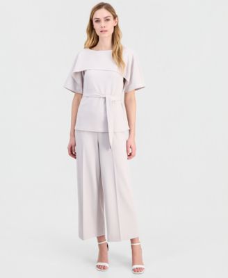Women's Layered Belted Short-Sleeve Top & Cropped Wide-Leg Pants