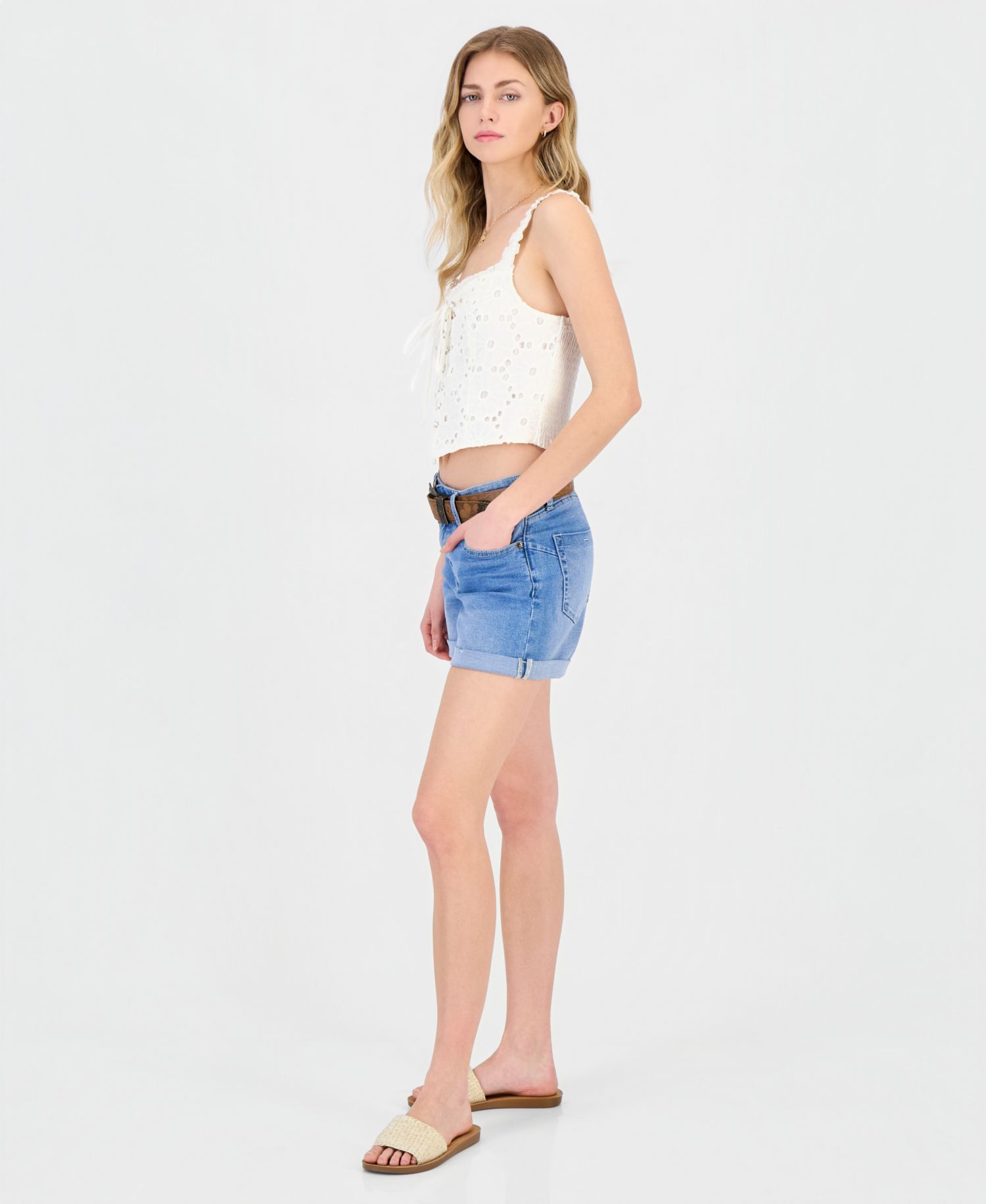 Juniors' Belted Cuffed Denim Shorts