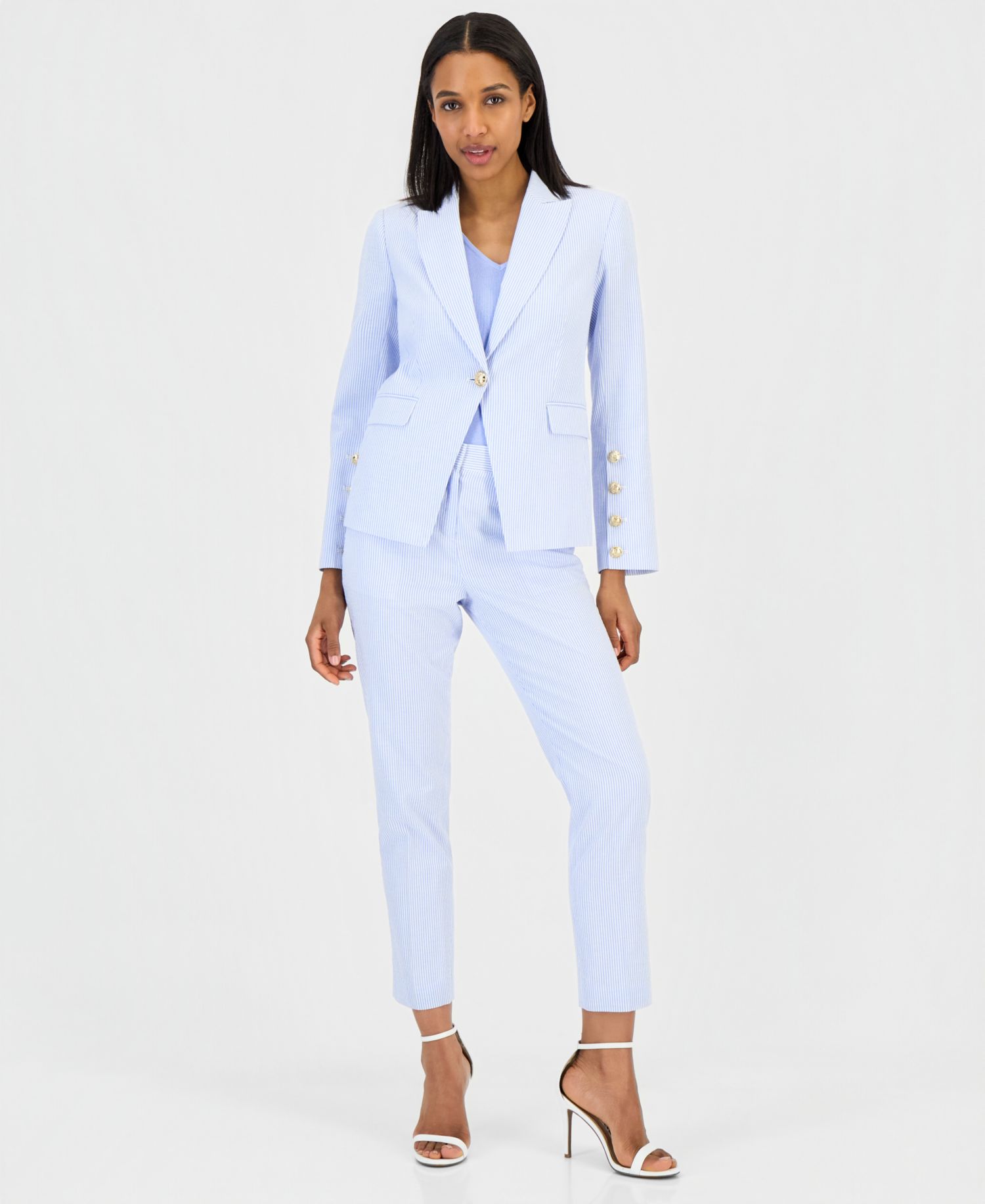 Petite Peak Lapel Collar One-Button Seersucker Blazer