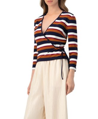 Women's V-Neck Wrap Blouse with Color Block Stripes