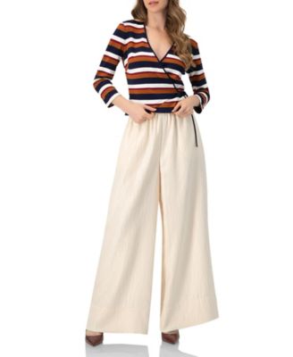 Women's V-Neck Wrap Blouse with Color Block Stripes