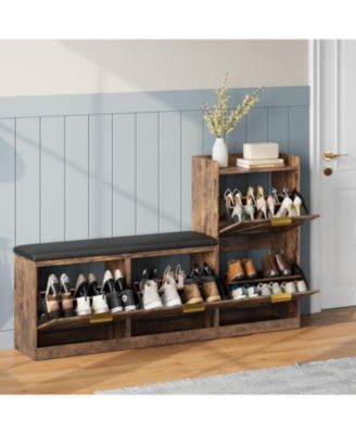 Farmhouse Entryway Shoe Cabinet with Bench & 4 Flip Drawers, Comfort Cushioned Shoe Storage