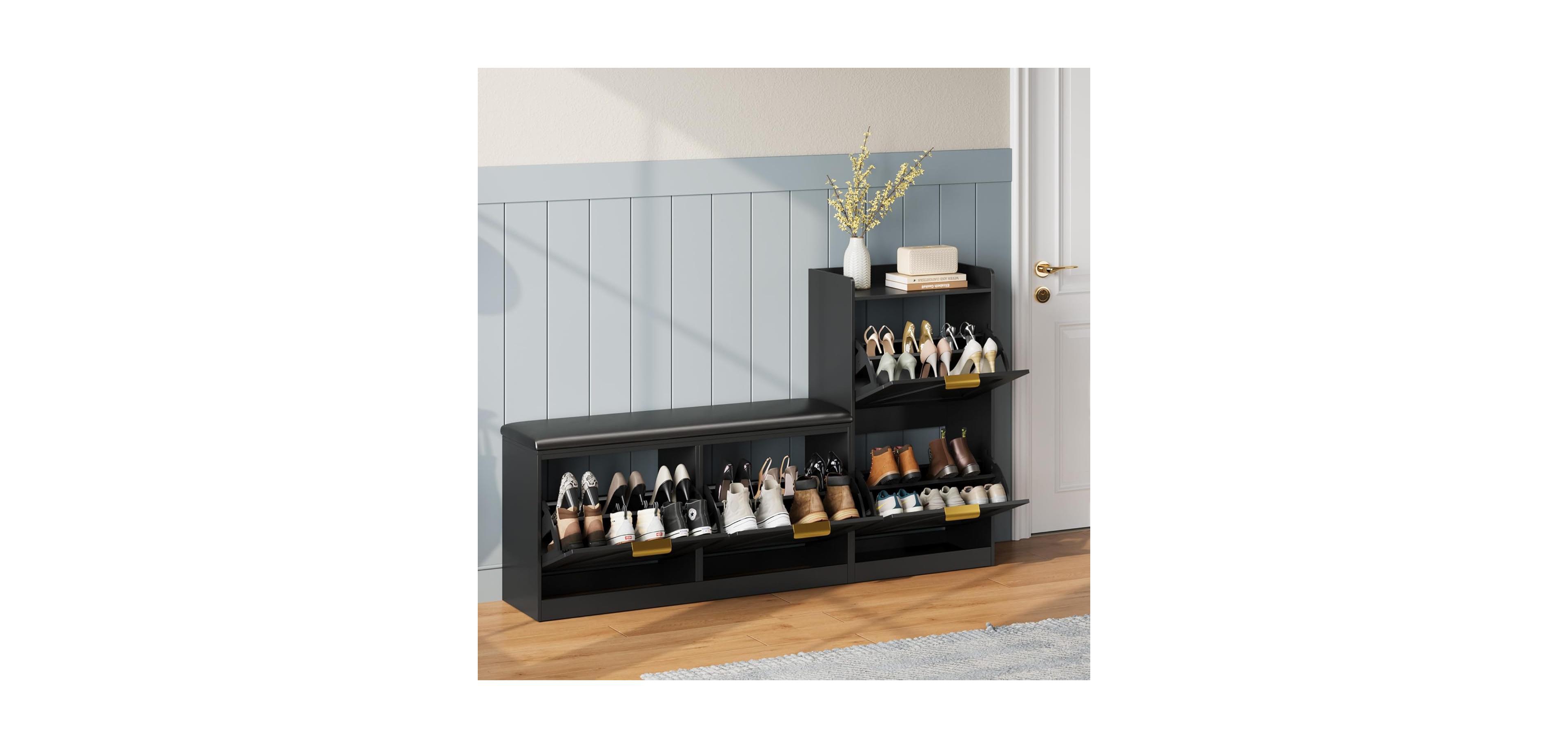 gaomon Farmhouse Entryway Shoe Cabinet with Bench & 4 Flip Drawers, Comfort Cushioned Storage