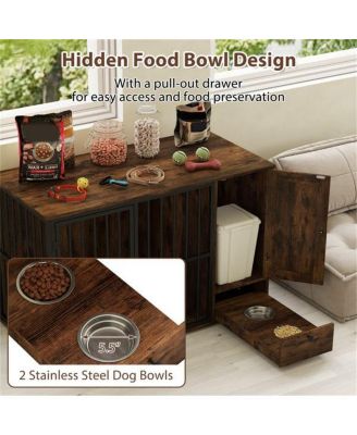 Space-Saving Dog Crate End Table, 2-in-1 Furniture with Hidden Pull-Out Food Bowls & Durable Chew-Proof Frame