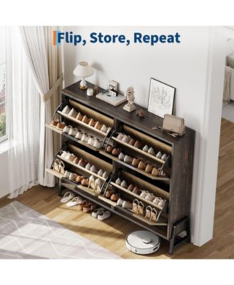Shoe Cabinet Storage for Entryway, Narrow Shoe Organizers with 4 Flip Drawers, Freestanding with Metal Legs