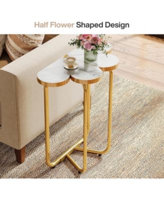 Narrow Side Table Set of 2, Half-Flower Accent Side Table with Stylish Gold Frame, 26-Inch Tall Faux Marble Nightstand