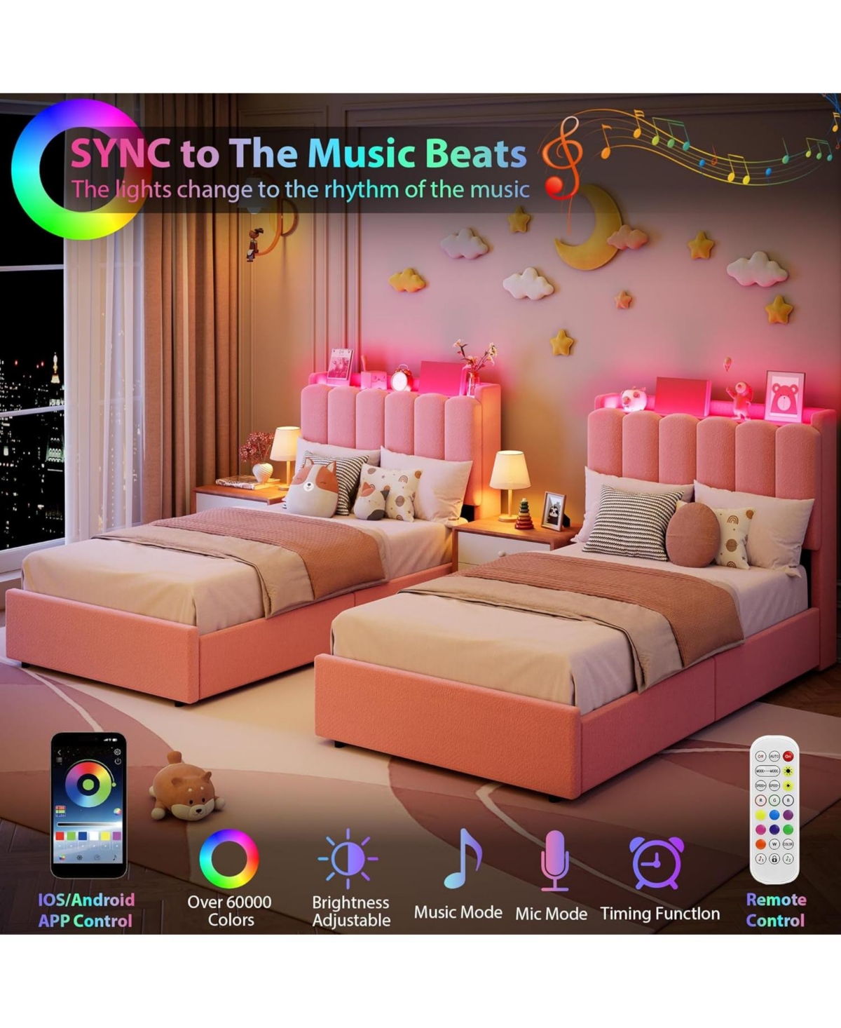 gaomon Led Full Bed Frame with Storage Headboard, Kids 2 Drawers