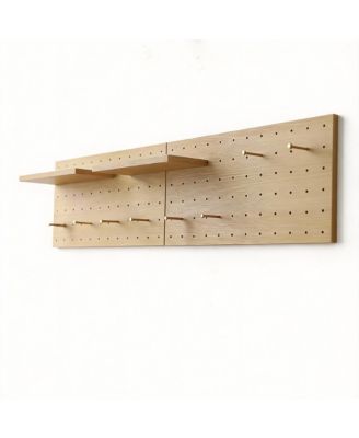 Oak Wood Pegboard Set with Shelves and Hooks for Creative Storage
