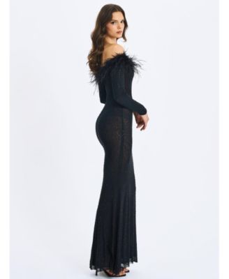 Women's Emberly Black Fur Trimmed Off-Shoulder Rhinestone Mermaid Maxi Dress