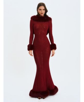 Women Mellie Burgundy Regular-Length Rhinestone Mesh Low Back Mermaid Gown