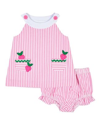 Baby Girl Seersucker Dress & Bloomer With Strawberries
