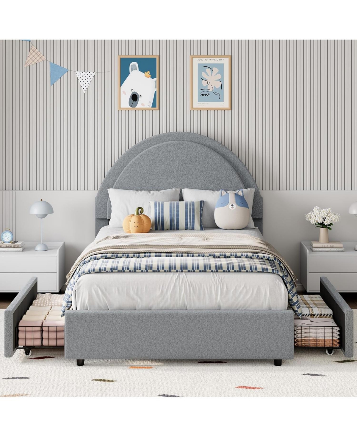 gaomon Boucle Bed Frame with 2 Storage Drawers, Soft Upholstered Platform Round Headboard, Heavy Duty, Wooden Slats