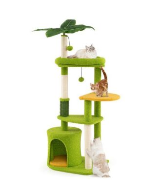 Tropical-Themed Cat Tree with Self-Grooming Brush, 48-Inch Space-Saving Design with Scratching Posts, Green and Orange Leaves