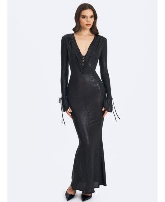 Women's Ilysia Black V-Neck Plunge Snakeskin Mermaid Hem Maxi Dress