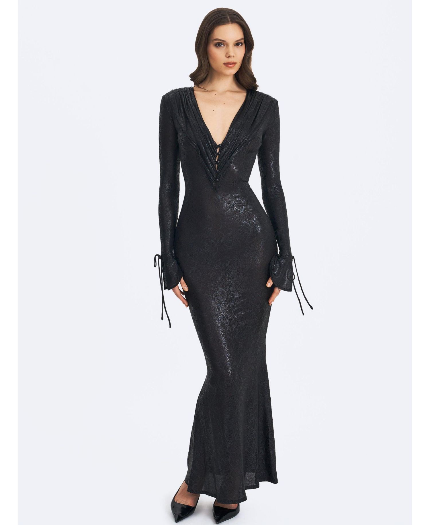 Women's Ilysia Black V-Neck Plunge Snakeskin Mermaid Hem Maxi Dress