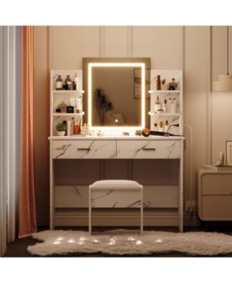  2-Drawer 6-Shelf Vanity Desk, Lighted Mirror Makeup Table for Bedroom