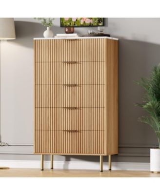 Oak 5-Drawer Fluted Dresser, Modern Wooden Chest with Wide Storage Space
