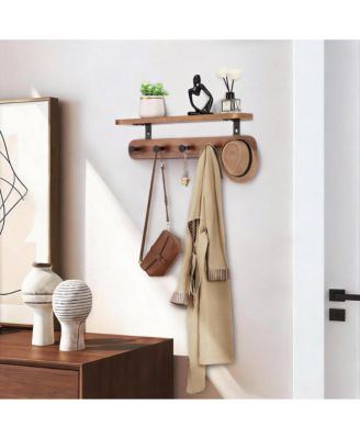 Walnut Wood Shelf & 5 Hooks Wall Rack for Coats, Bags, Living Spaces