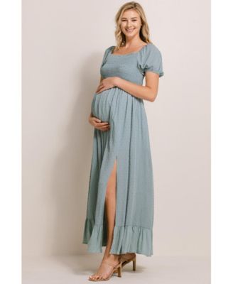 Maternity Smocked Swiss Dot Maxi Dress with Side Slit
