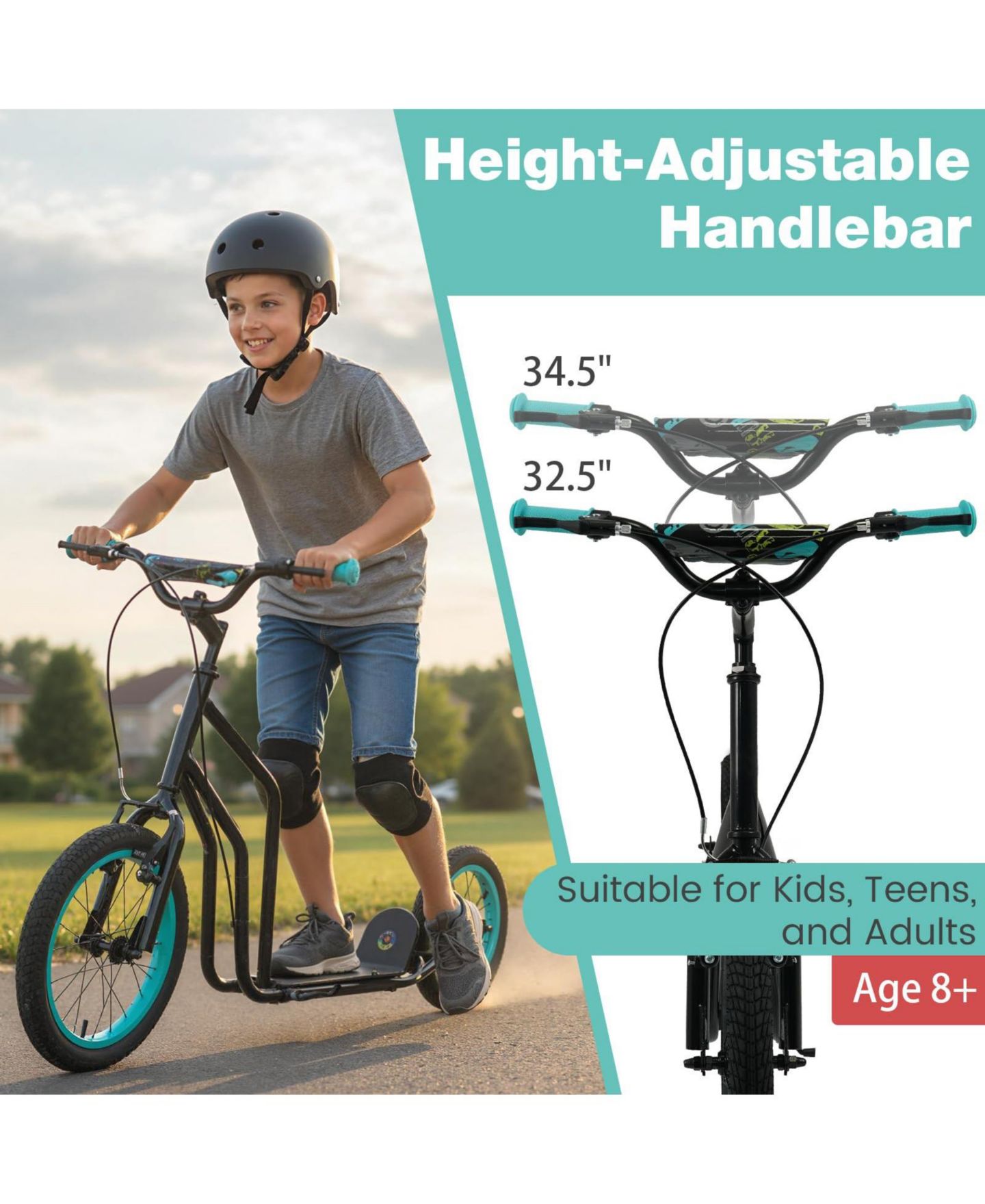 Детская игрушка Mecale Youth Scooter with Adjustable Handlebar and 16/14-Inch Inflatable Wheels, цвет: Чёрный — фото 5