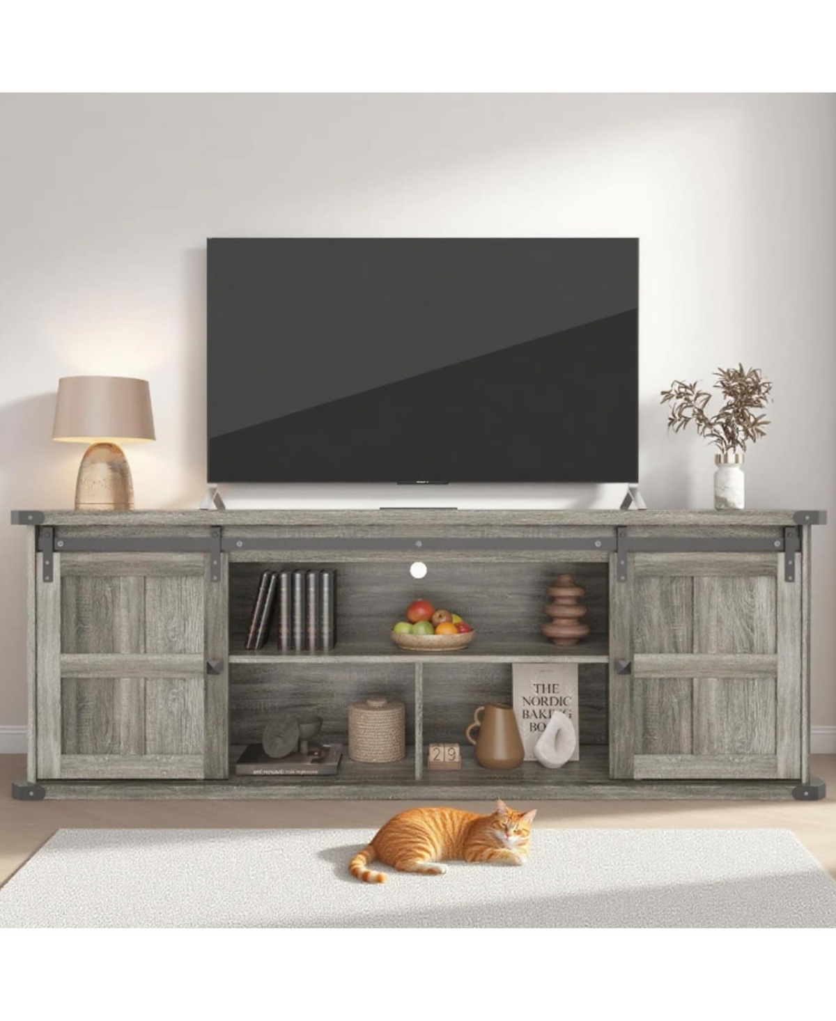 Gaomon 70" Farmhouse Tv Stand for 70/75/80" TVs, Entertainment Center with Power Outlets & Sliding Barn Door