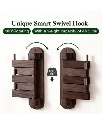 Solid Oak Swivel Coat Rack with 5 Foldable Hooks for Heavy Duty Use