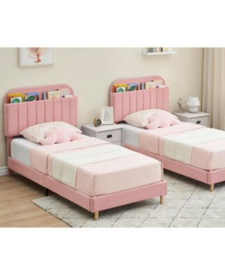 Twin Bed Frame with Bookcase Headboard - Upholstered Velvet Platform Bed