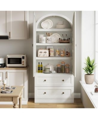 72" Tall Dome Bookcase with Drawers, 4-Tier Wooden Bookshelf Storage Cabinet with Door, Farmhouse Arched Cabinet with Storage