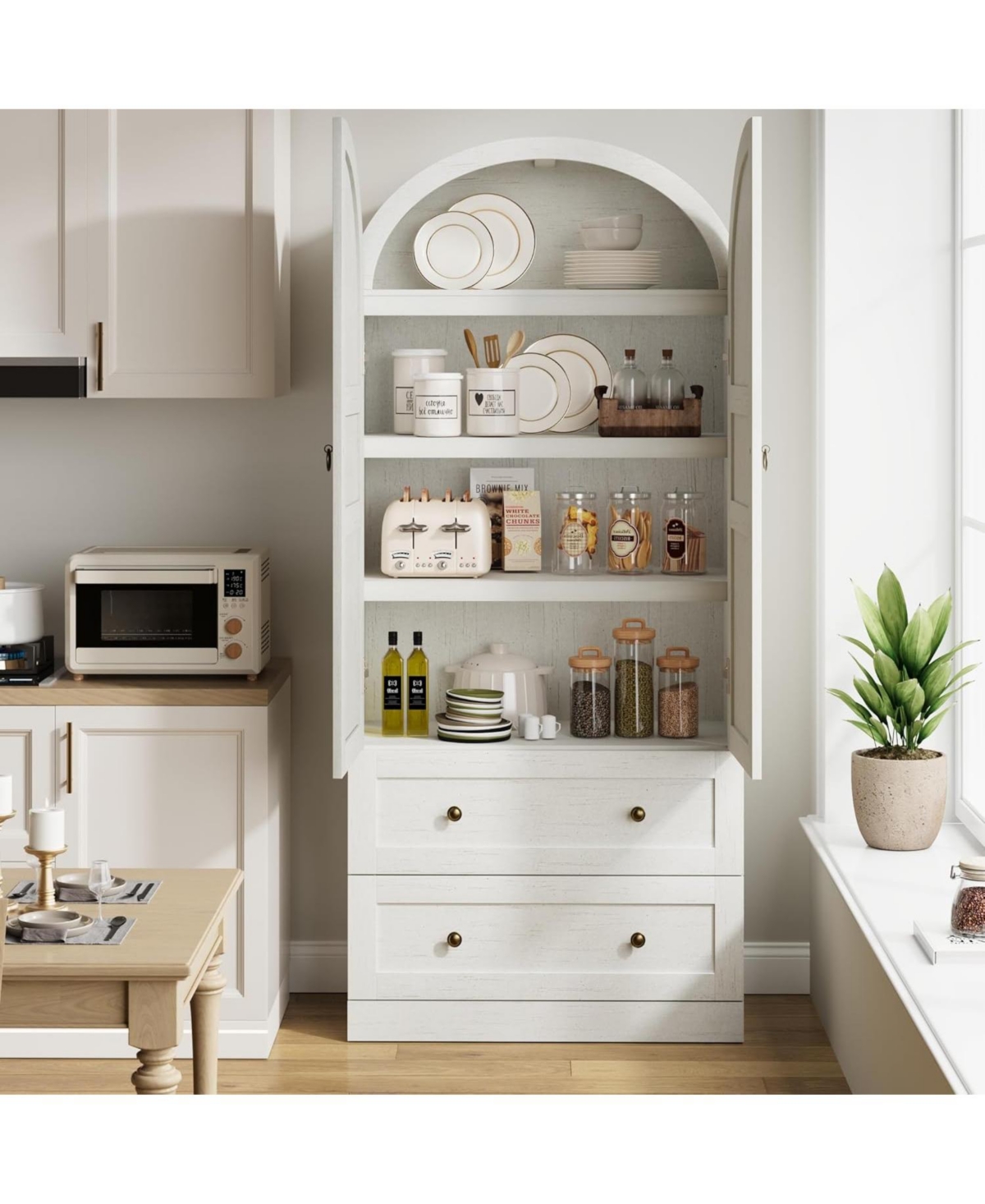 gaomon 72" Tall Dome Bookcase with Drawers, 4-Tier Wooden Bookshelf Storage Cabinet with Door