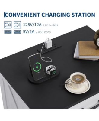 Modern Farmhouse Wood Nightstand Set of 2 with Charging Station & 3 Large Drawers