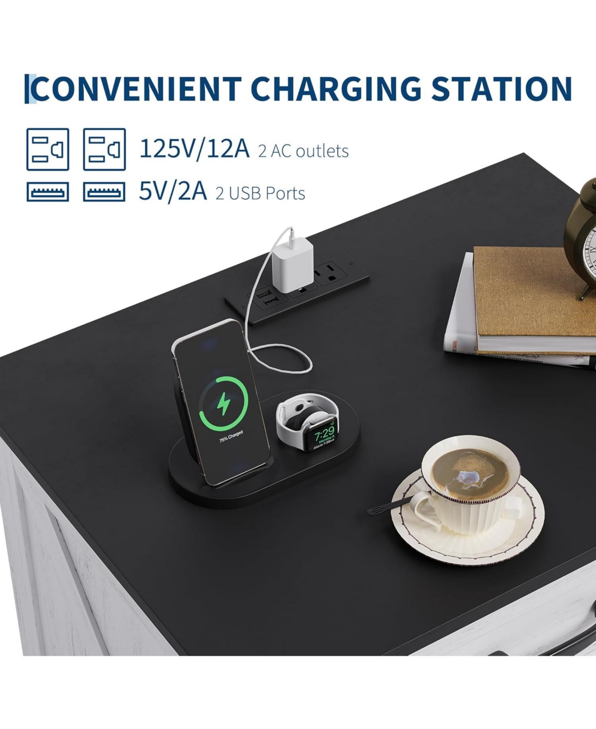 gaomon Modern Farmhouse Wood Nightstand Set of 2 with Charging Station & 3 Large Drawers