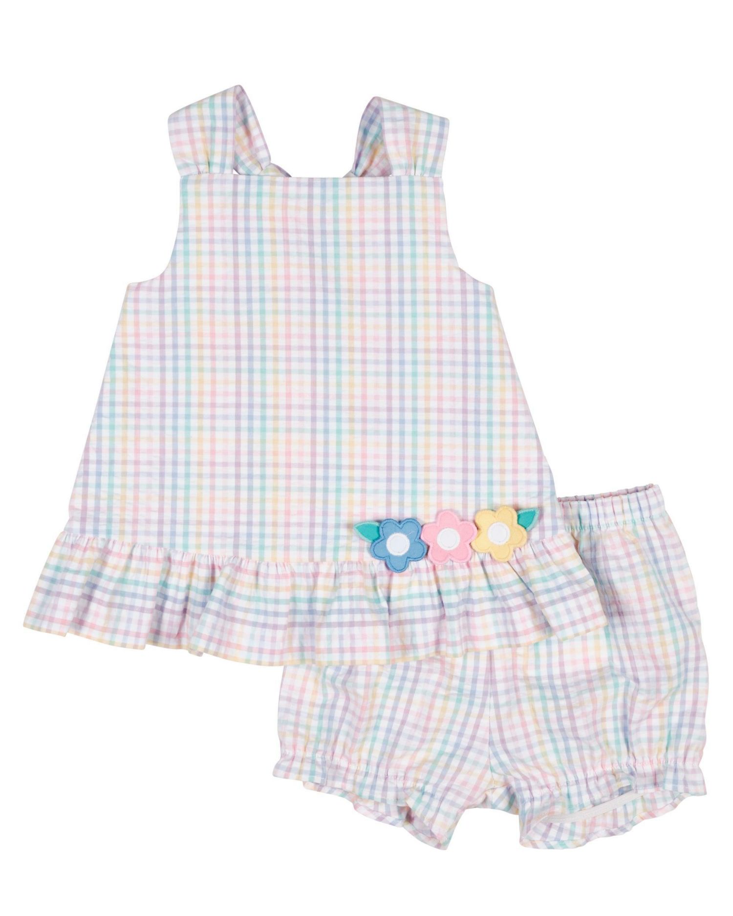 Baby Girl Plaid Seersucker Dress And Bloomer With Flowers