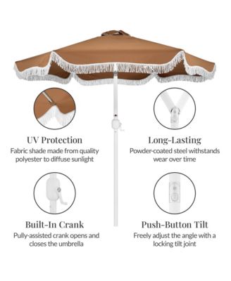 9ft Fringe Market Umbrella – Boho Patio Sunshade w/ Tilt, UPF50+, Steel Pole for Table, Pool, Deck