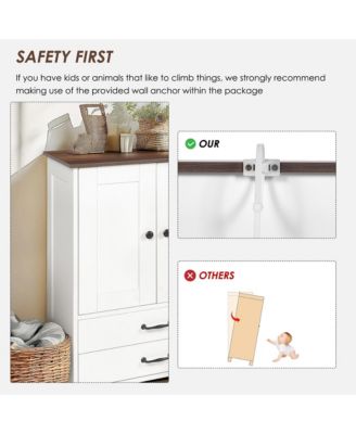 Dog Feeding Station Cabinet with Pull-Out Bowls, Double Doors, and Side Hooks, White