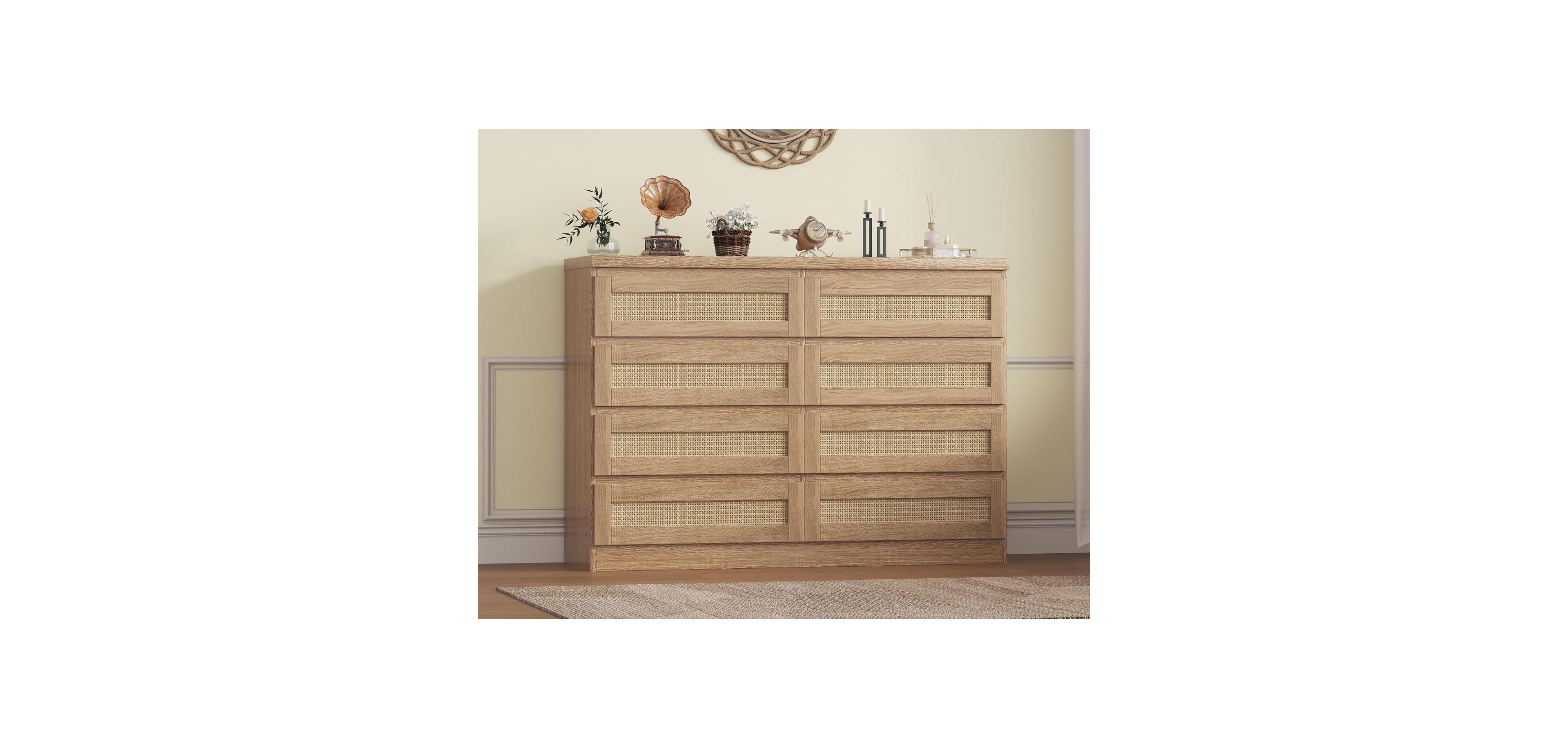 gaomon Rattan Dresser for Bedroom, Modern 8 Drawer Wooden Chest, Wide Wood Beside Table Closet, Nursery, Living Room and Entryway