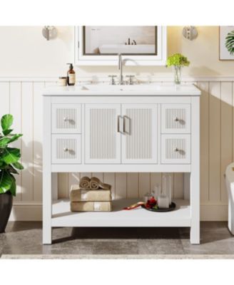 36" Bathroom Vanity with Sink, Modern Freestanding Vanity with Ceramic Porcelain Basin, 2-Door Storage Cabinet & Open Shelf