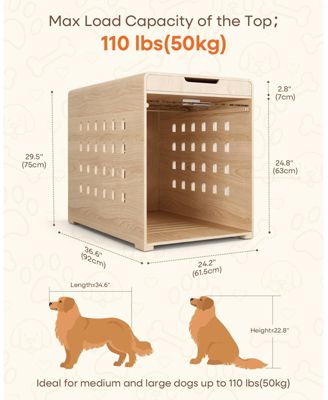 37-Inch Oak Dog Crate Furniture with Charging Station, Large Indoor Wood Kennel Side Table with Flip Up Acrylic Door