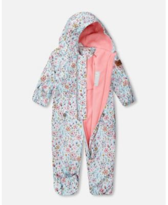 Baby Girl Mid-Season One-Piece Outerwear with Hat Blue Mini Flower Print