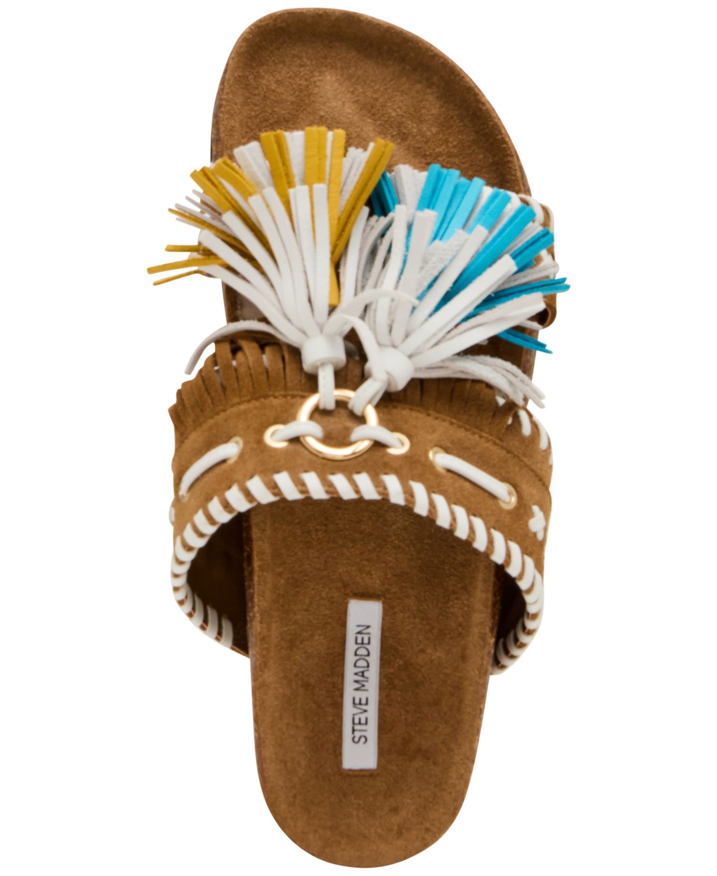 Женские сандалии Steve Madden Lester Tassel Footbed Slip-On Slide, цвет: Рыжевато-коричневый замшевый разноцветный — фото 4