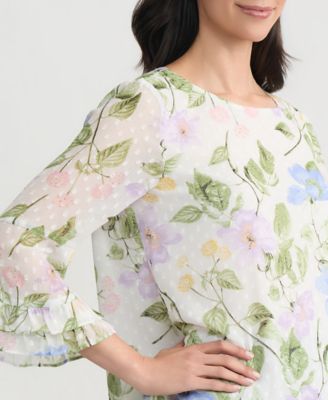 CLIP DOT FLROAL PRINT RUFFLE SLEEVE BLOUSE