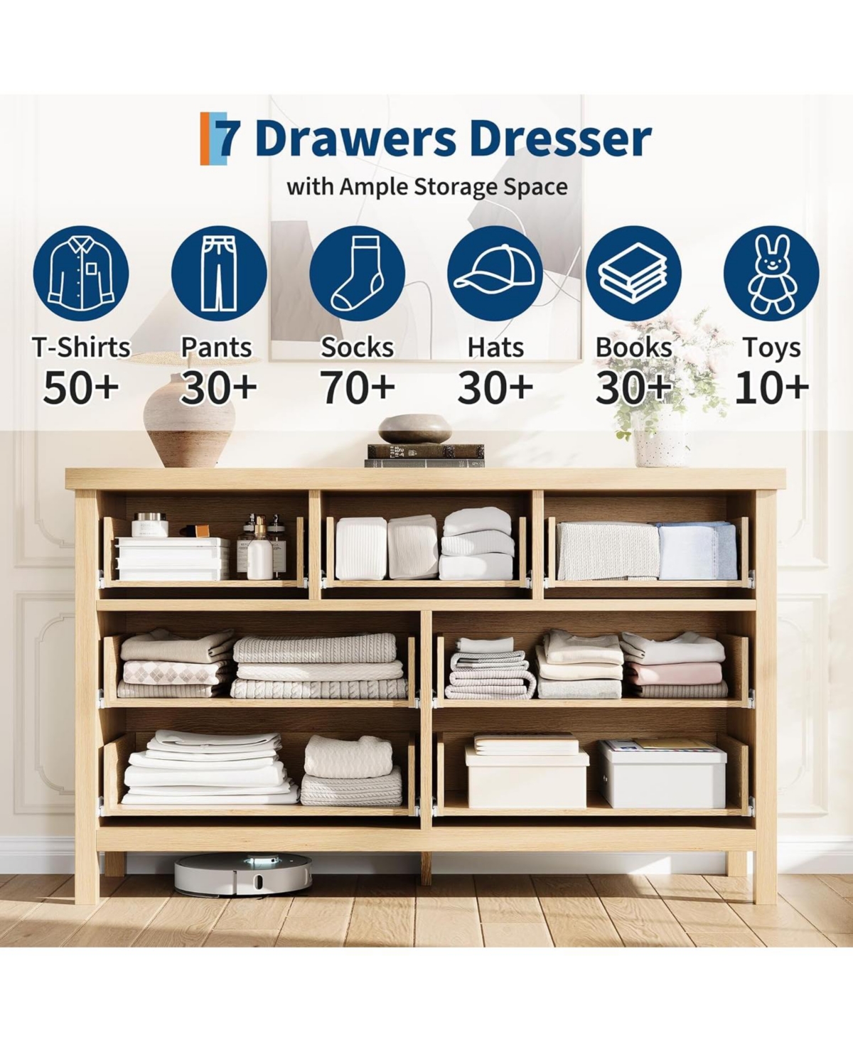 gaomon Fluted 7 Drawers Dresser for Bedroom, 47.4 Inch Wide Wood Chest of Drawers, Large Clothes Storage Cabinet Tv Stand for Nursery, Living Room