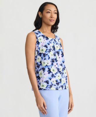 Women's Pleat-Neck Sleeveless Floral Top