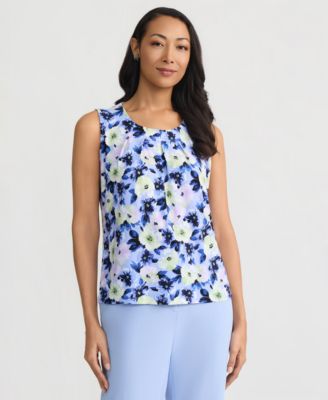 Women's Pleat-Neck Sleeveless Floral Top
