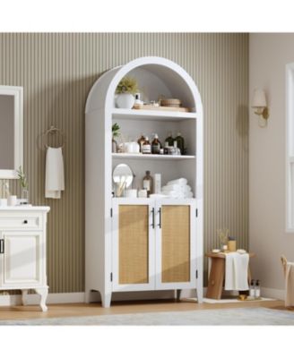 5-Tier Open Display Shelf with Rattan Decor, Farmhouse Storage Cabinet for Kitchen