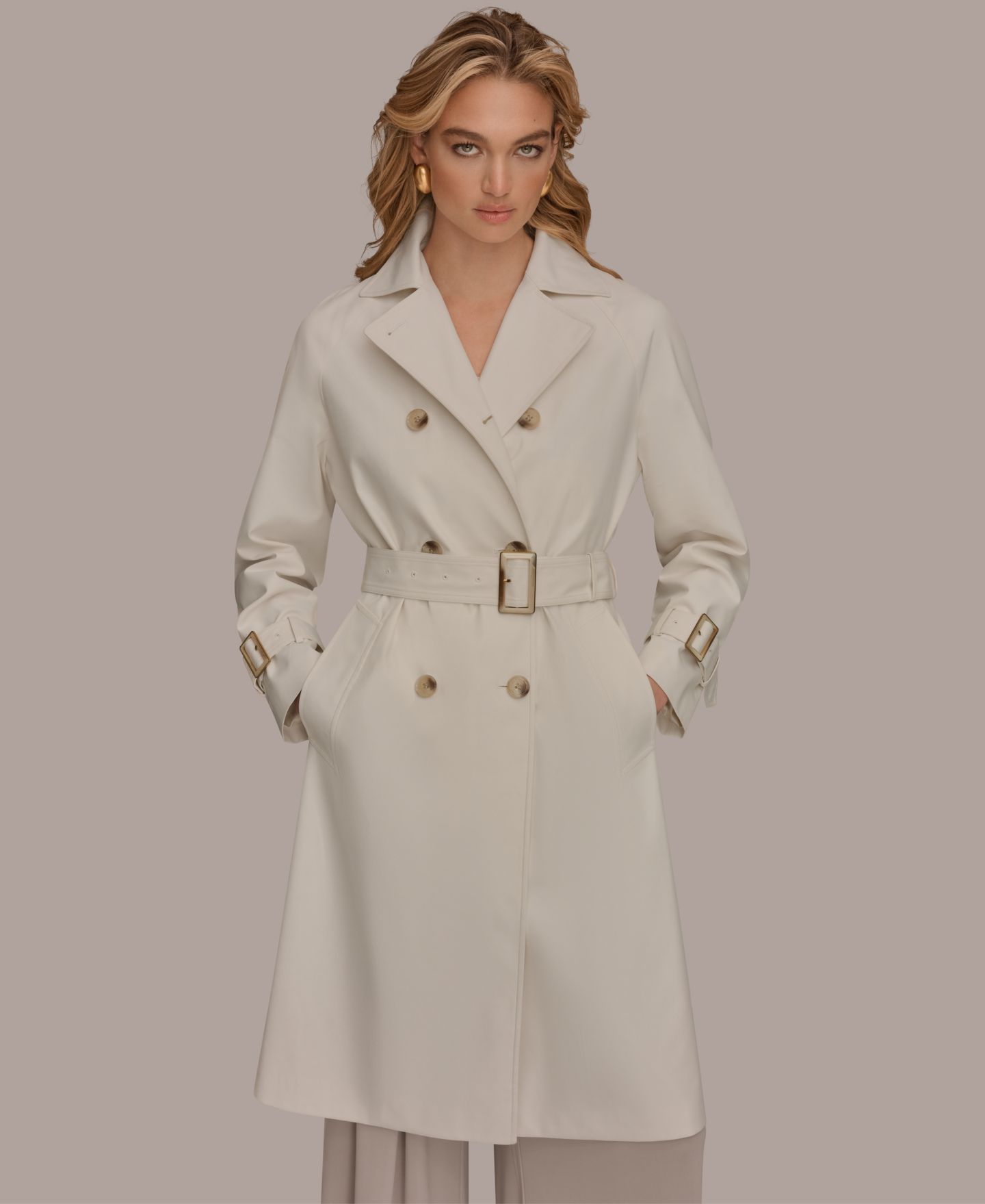Женское пальто Donna Karan New York Double Breasted Belted Notch Collar Trench, цвет: Кремовый — фото 9